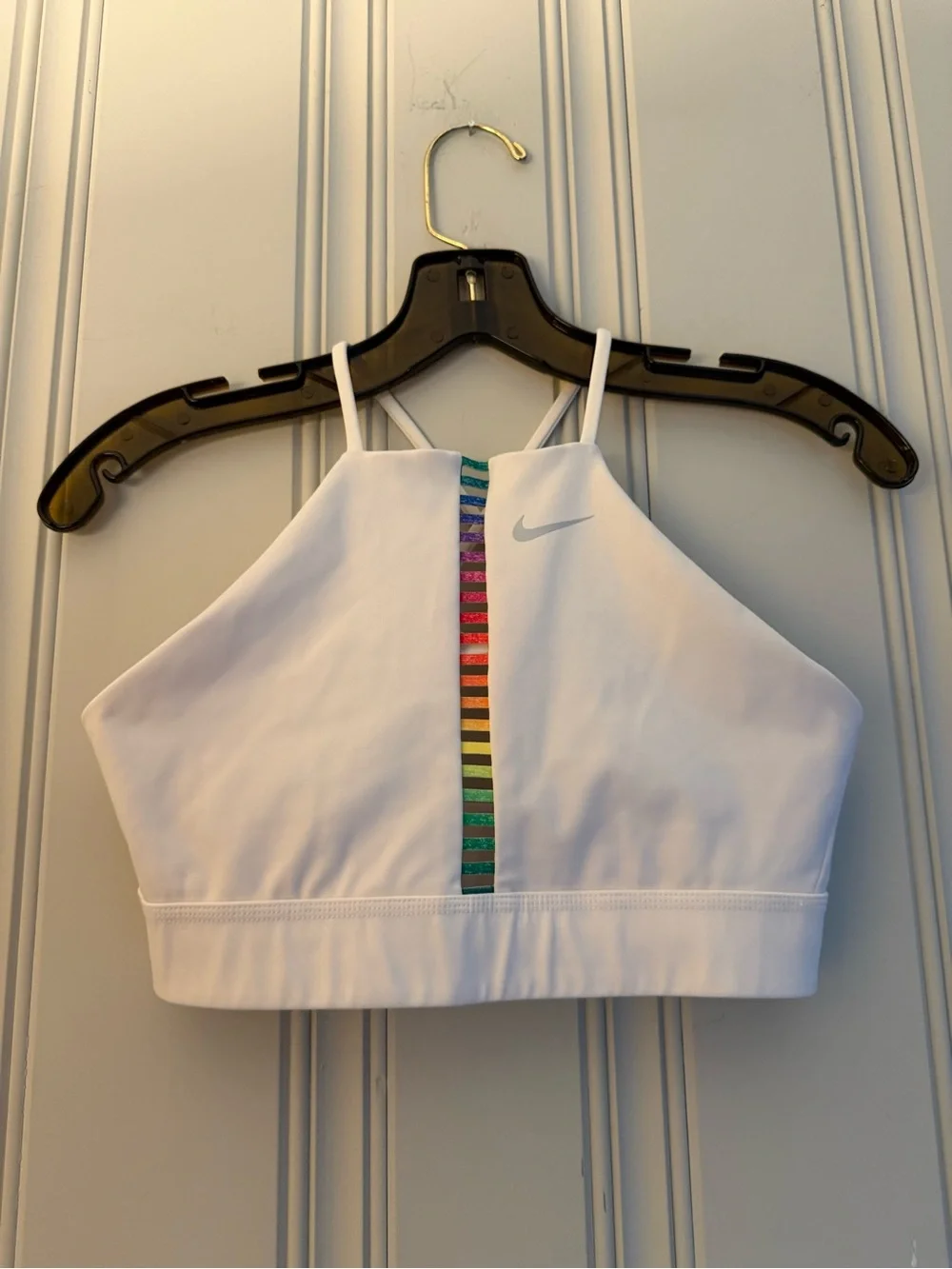 Nike White High-Neck Sports Bra Top with Rainbow Center Stripe